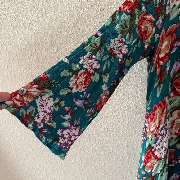 Umgee Floral Boho Dress Keyhole Dark Jade Peasant Tunic Hippie Women’s Size S - Picture 4 of 15